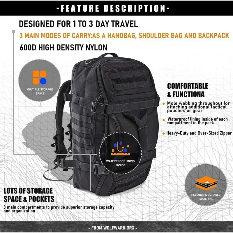 Mochila táctica militar con correa ajustable para hombre y mujer, bolsa de viaje impermeable para gimnasio, 40L, 60L, 80L