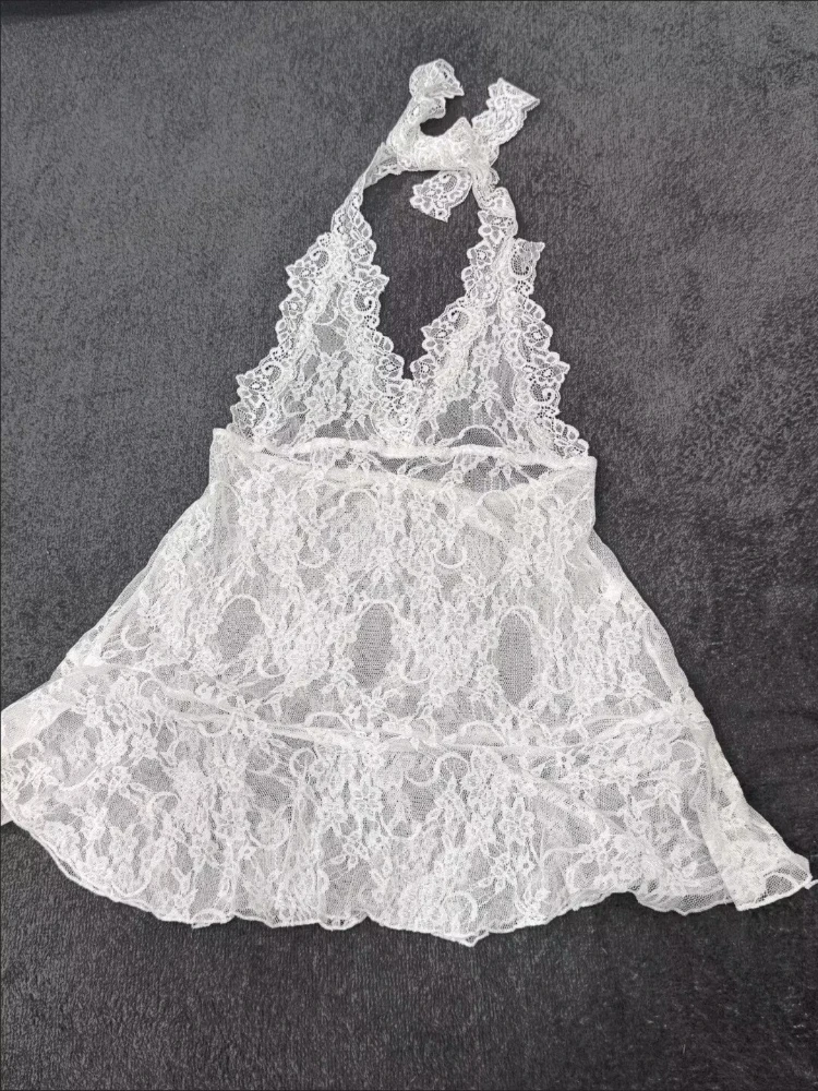 See Through Lace Dress Women Summer Ladies Vestidos All-match Hollow Out Vintage Halter Hotsweet Holiday Beach Style Sheer Sexy