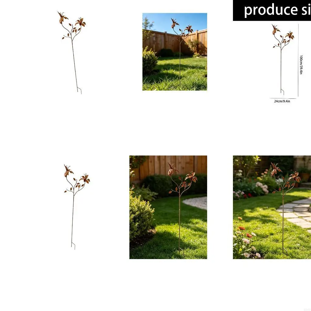 Aged Brown Metal Flower Garden Stake Decoration for Lawn and Flower Plot Use B03E