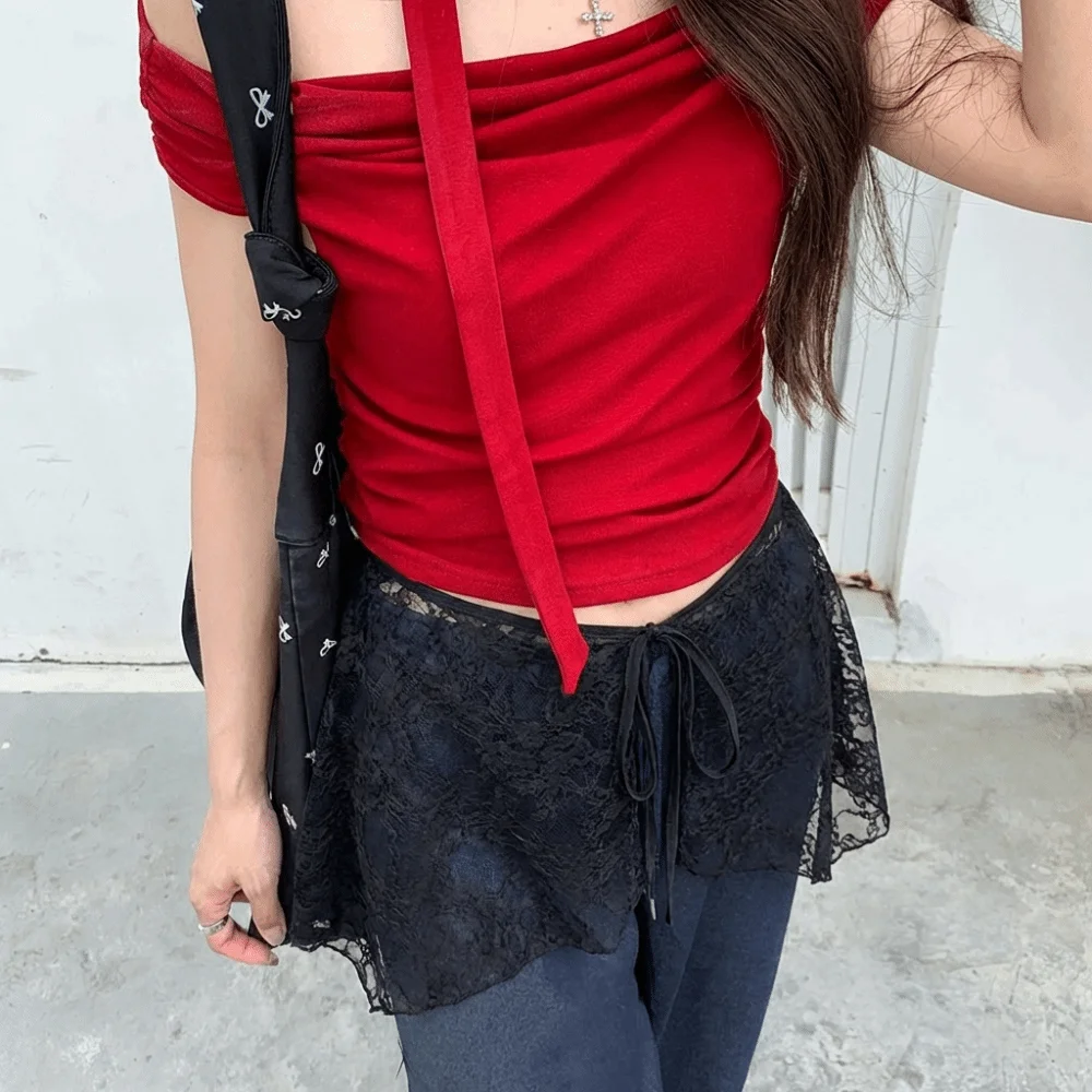 

Французская кружевная мини-юбка с асимметричным подолом в стиле Y2K, уличная мода, с рюшами и шнуровкой, в стиле Харадзюку, с вышивкой, юбка-фартук