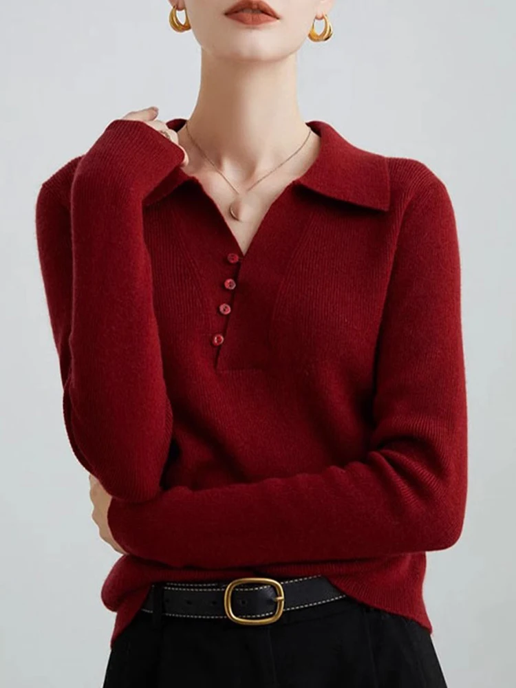 

Зимний женский вязаный джемпер с длинным рукавом и пуговицами, теплый базовый слой, красный, модный топ к Новому году