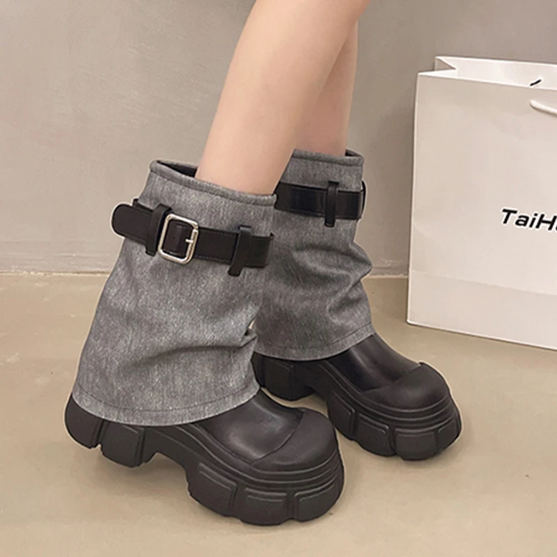 

Denim Women Ankle Boots Flats Platform Shoes Designer Buckle Chelsea Boots 2025 Winter Sport Running Shoes Fashion Short Botas