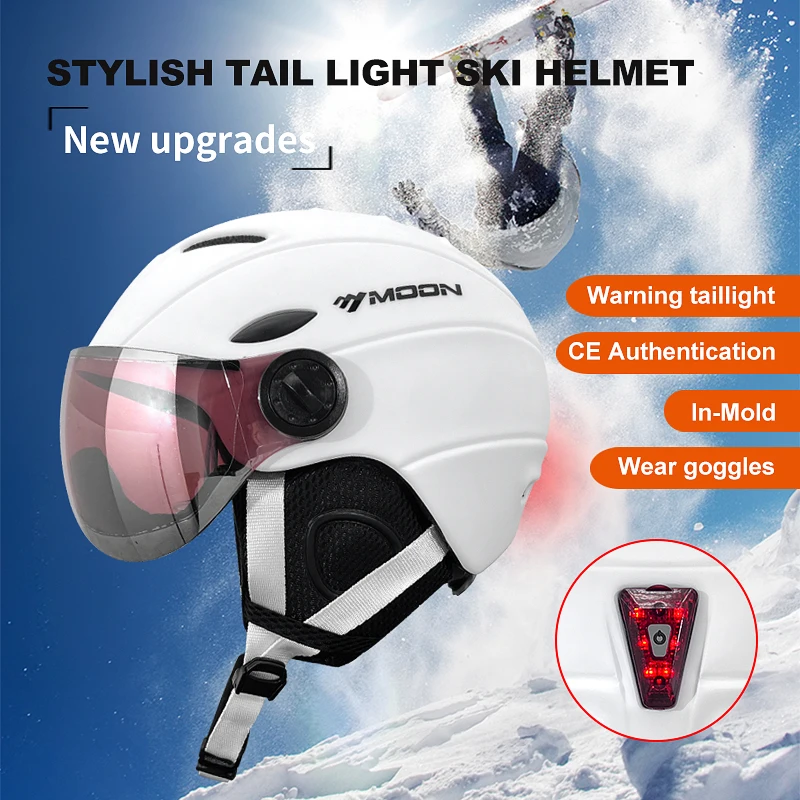 MOON-Ski Helmet with Taillight, Impact Prevention Snowboard Accessories for Adult, LED Light, Safety, Portable