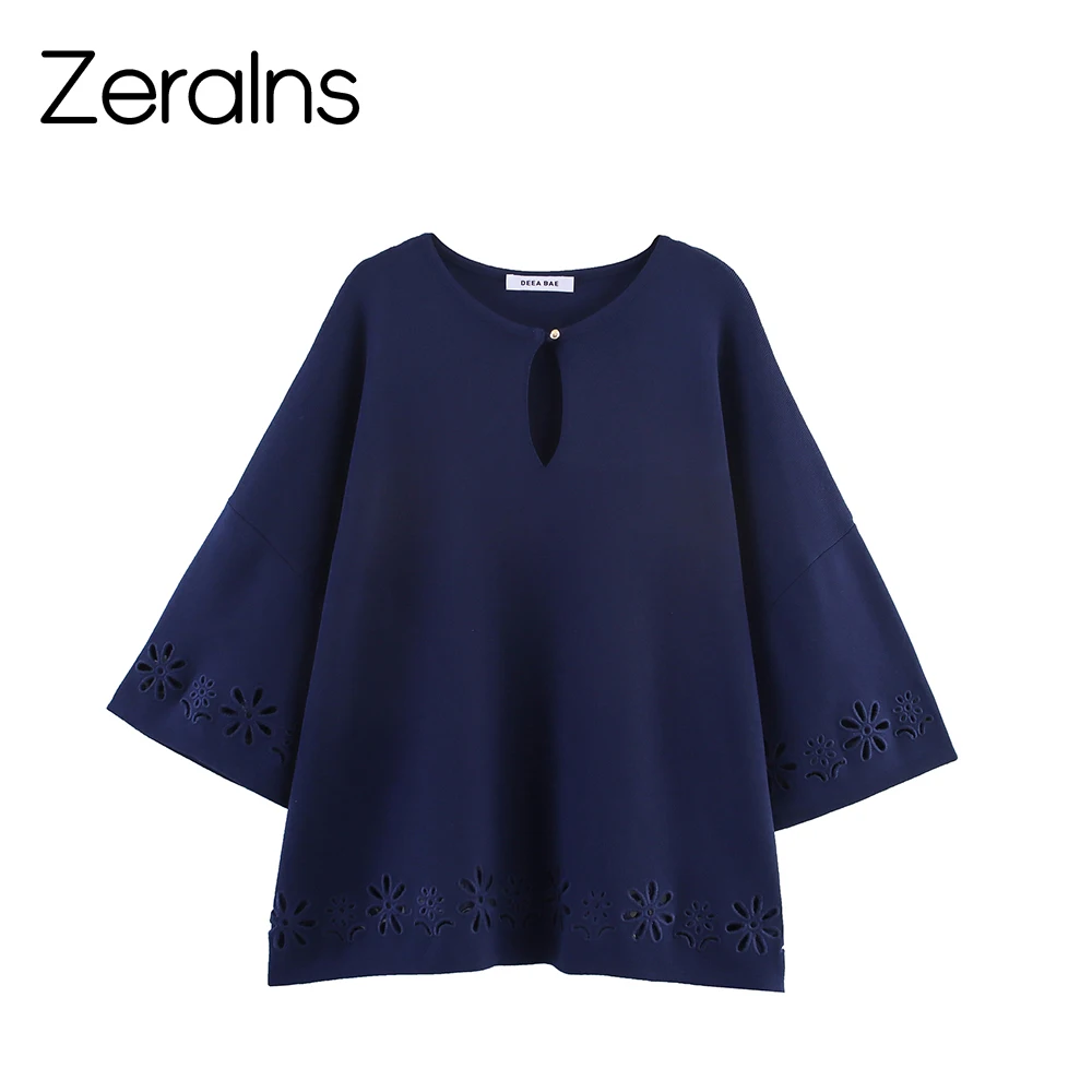 

ZERAINS Women's autumn new casual loose and versatile seven quarter sleeve hollow embroidery round neck knitted top
