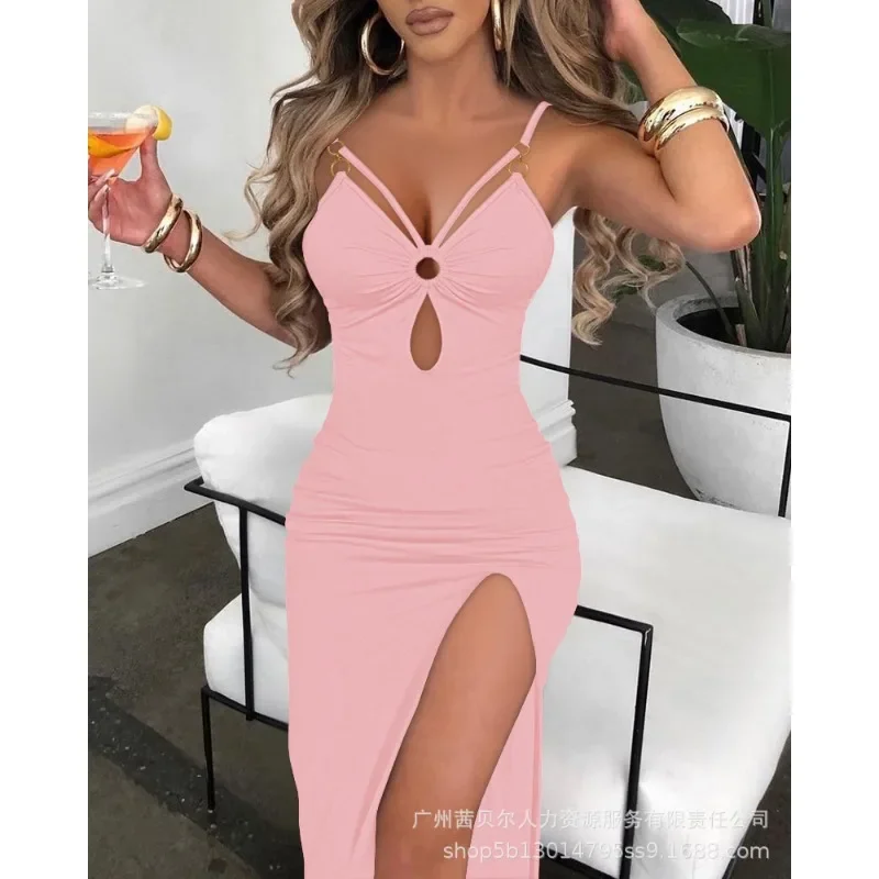 Spaghetti Strap Bodycon Dress Summer Camis Sexy Dress Women Sleeveless Jacquard Fabric Sling Hollow Party Dresses