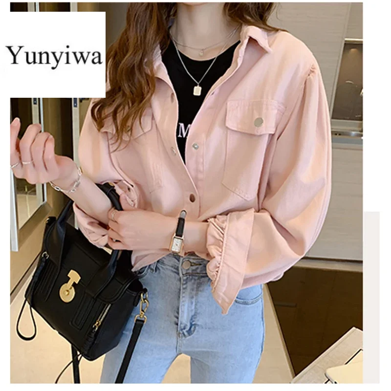 Spring New Women Vintage Pockets Denim Shirt Jacket Autumn Lady Full Sleeve Outwear Loose Casual Wear Stylish Girl Tops T0N321T