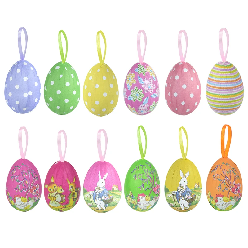 12Pcs Colorful Easter Eggs Hanging Pendant Ornament Rabbit Painting Egg Decor Happy Easter Party Decoration Home Kids Gifts 2025