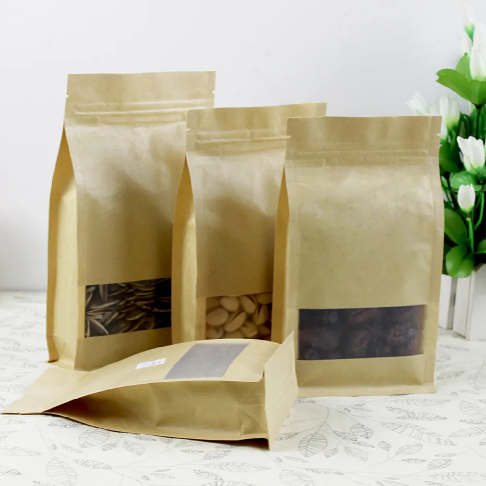 50Pcs/Lot Kraft Paper Zip Lock Stand Up Bag with Frosted Window Self Grip Seal Tear Notch Food Snack Storage Packaging Pouches