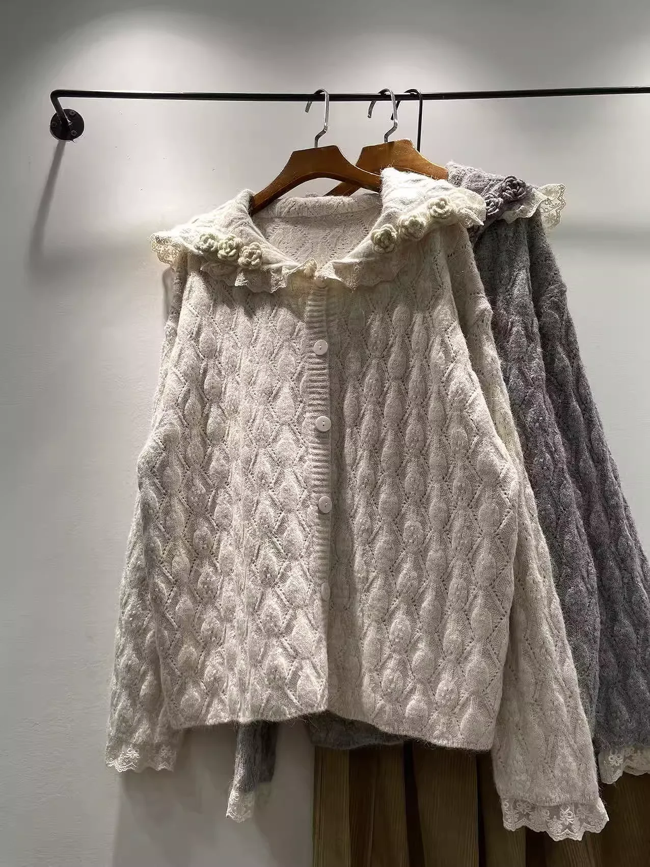 

Mori Kei Clothing Handmade 3D Flower Sweater Cardigan for Women Japanese Style Original Gray Beige Lace Patchwork Sweaters