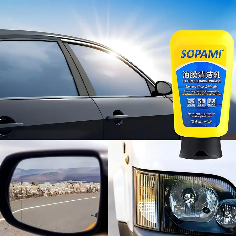 150ml Car Glass Oil Film Remover Emulsion With Sponge, Windshield Window Rearview Mirror Stain Cleaner, Anti-fog Anti-rain Glass