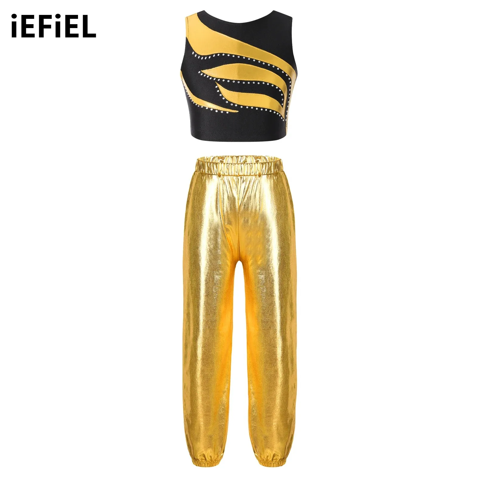 

Kids Girls Metallic Gymnastics Dance Set Shiny Rhinestones Decorated Patchwork Crop Top with Elastic Waistband Pants for Sports