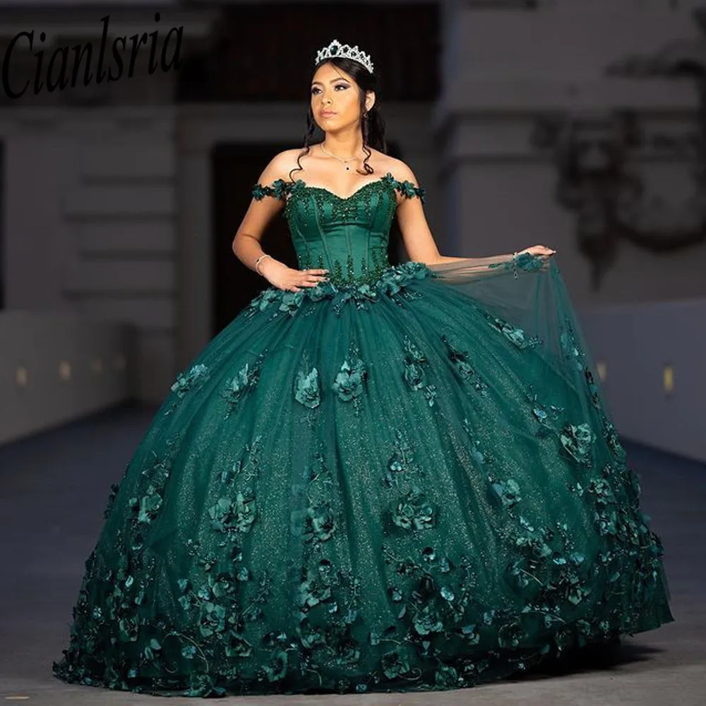 

Luxury Emerald Green Lace Quinceanera Dresses Ball Gown 2023 With Beaded 3D Flower Birthday Party Dress Vestido De 15 Anos
