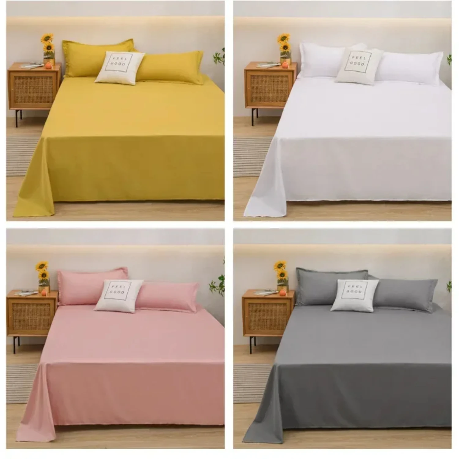 Soft Cotton Bedding Set with Two Pillowcases and Fitted Sheet in Solid Color - Simple Single Dormitory Set