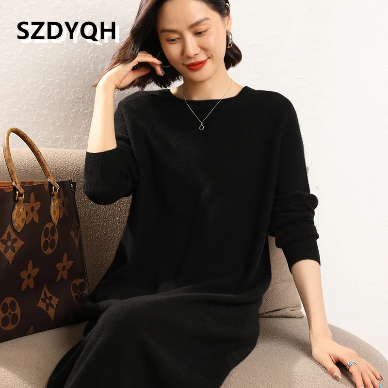 High-end New 100% Cashmere Sweater Long Dress Women Fashion Knitted Dresses Female Loose Large Size O-Neck Pullover 3Colors