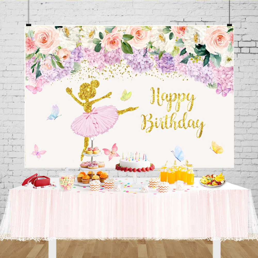 Ballerina Decorations Birthday Party Banner Baby Girls Room Decoration Flowers Butterfly Kids Ballet Photography Background Pink