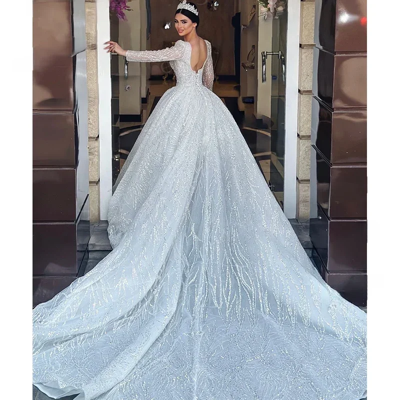 فساتين زفاف أنيقة مخصصة بياقة مربعة للأميرة على شكل حرف a مطرزة بأكمام طويلة متألقة لحفلات الزفاف فيستدو دي نويفا