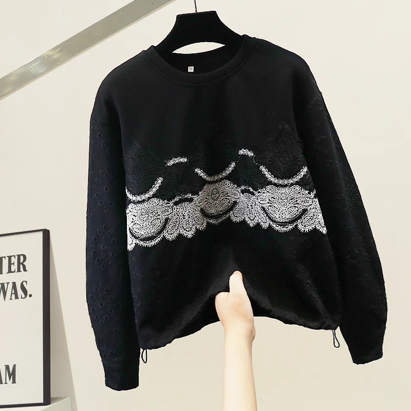 

Корейская толстовка-жакет с тяжелой отделкой, кружевными вставками и пэчворком, свободного кроя, с длинными рукавами, модная, универсальная, для повседневной носки