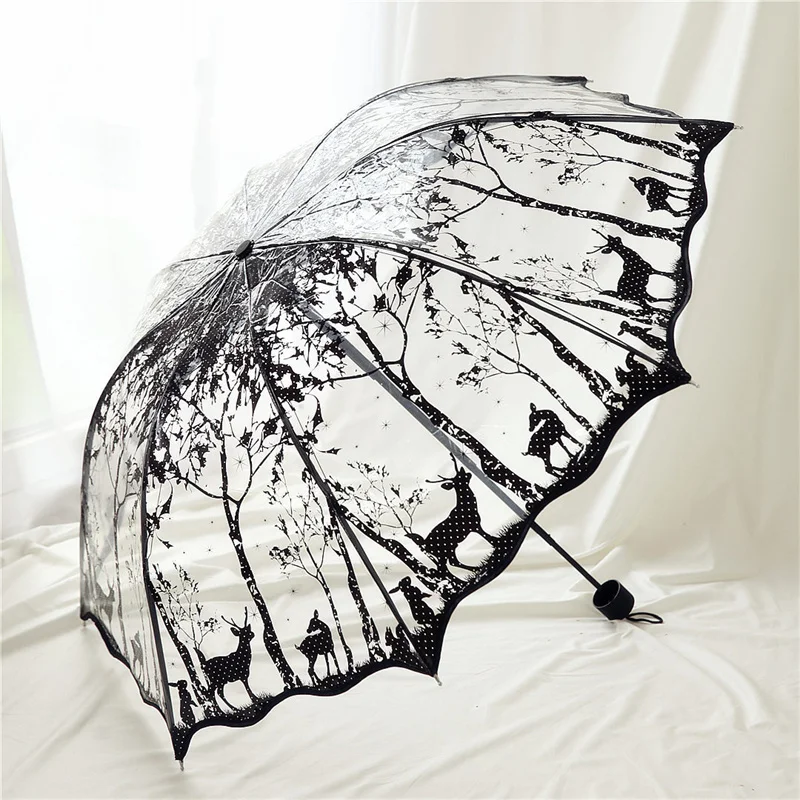 New Wave Edge Retro Transparent Umbrella PVC Cute Mini Fresh Three Folding Arch Butterfly Rose Umbrella Rainproof and Windproof