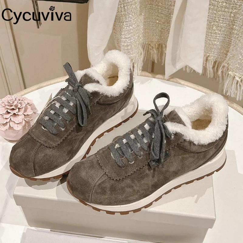 Hot Koop Suède Wol Platte Schoenen Vrouwen Dikke Zool Lace Up Designer Warm Bont Schoenen Winter Casual Party Vakantie Wandelschoenen Vrouwen