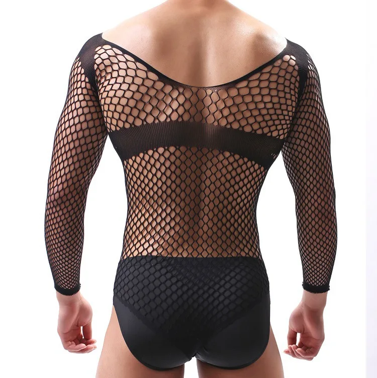 CLEVER-MENMODE Mesh Bodysuit Men Transparent Underwear Sexy Erotic Lingerie One-piece Thong Hollow Out Rompers Long Sleeveless