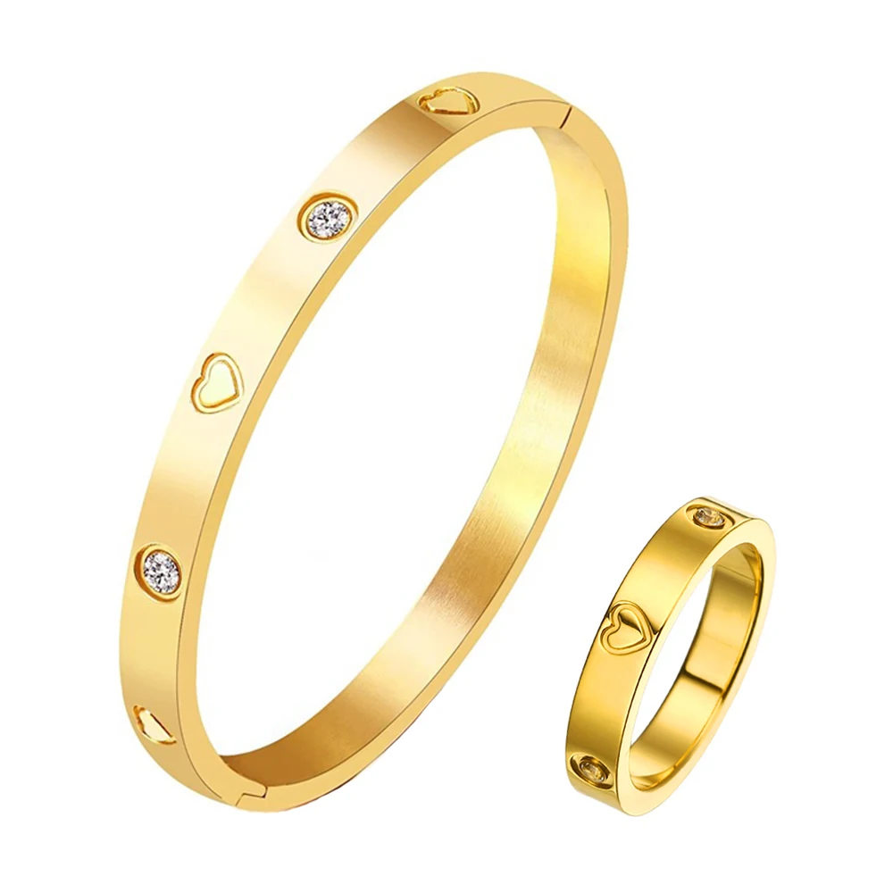 JINHUI Stainless Steel Heart Zircon Bracelets Bangles Gold Color Love Crystal Ring For Women Men Wedding Engagement Jewelry Set