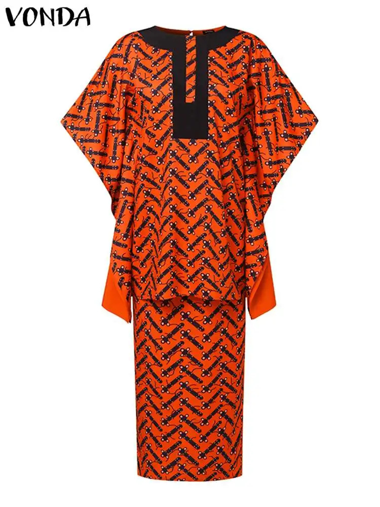 Plus Size 5XL VONDA Women Autumn Dress Sets 2024 Half Bat Sleeve Vintage Printed Top Elastic Waist Maxi Suits Matching Sets 2PCS