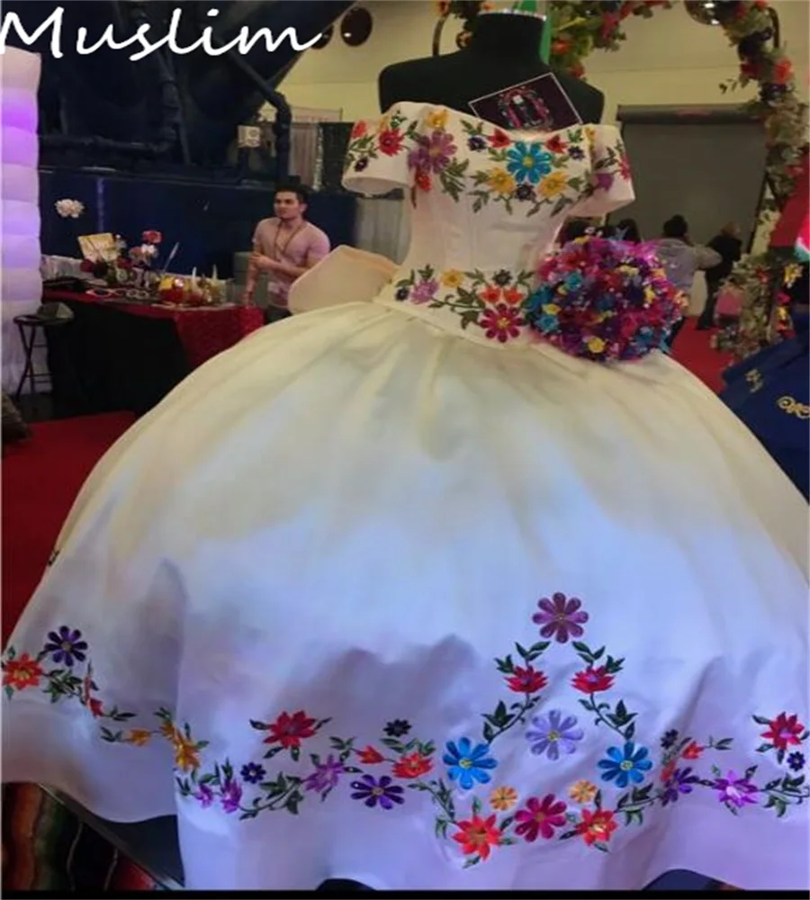 Colorful Floral Embroidery Mexican Wedding Dress Plus Size Satin Corset Gothic Bride Dress Off Shoulders Big Bow Customized