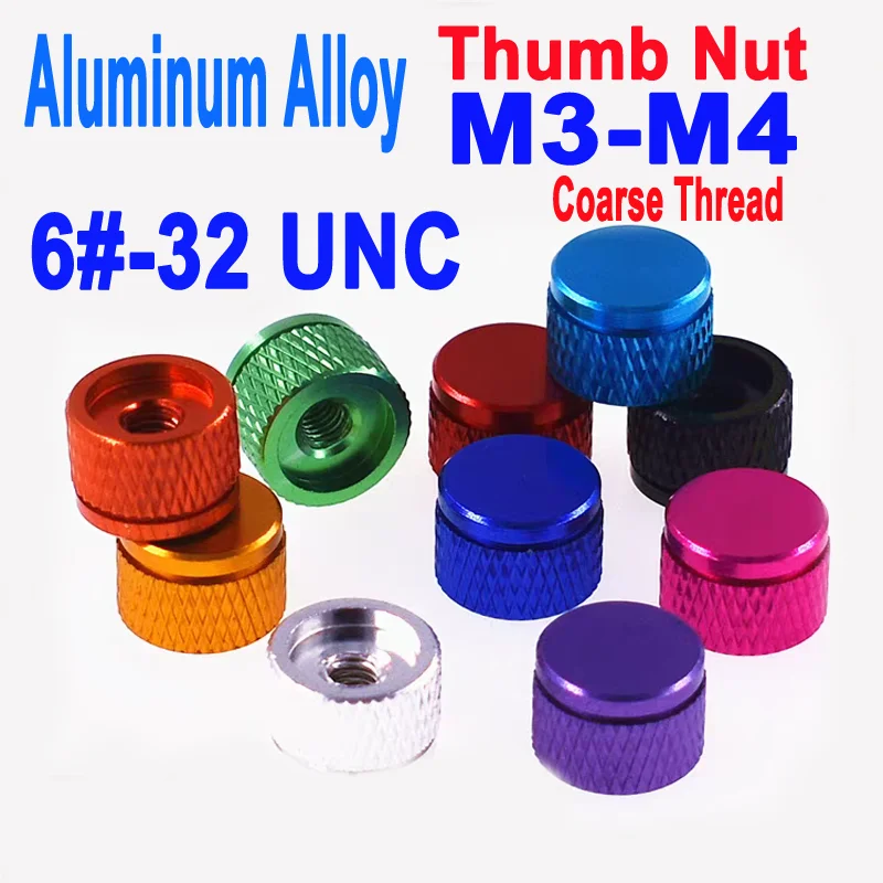 

6#-32UNC & M3-M4 Coarse Hand Tighten Thumb Nuts - Aluminum Colorful Hatching Knurled, for PC Case Blind Hole Parts