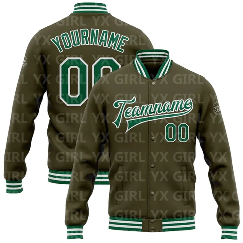 

Custom Olive Kelly Green-White Bomber Full-Snap Varsity Letterman Salute To Service Jacket 3D Printed Baseball Button Jacket