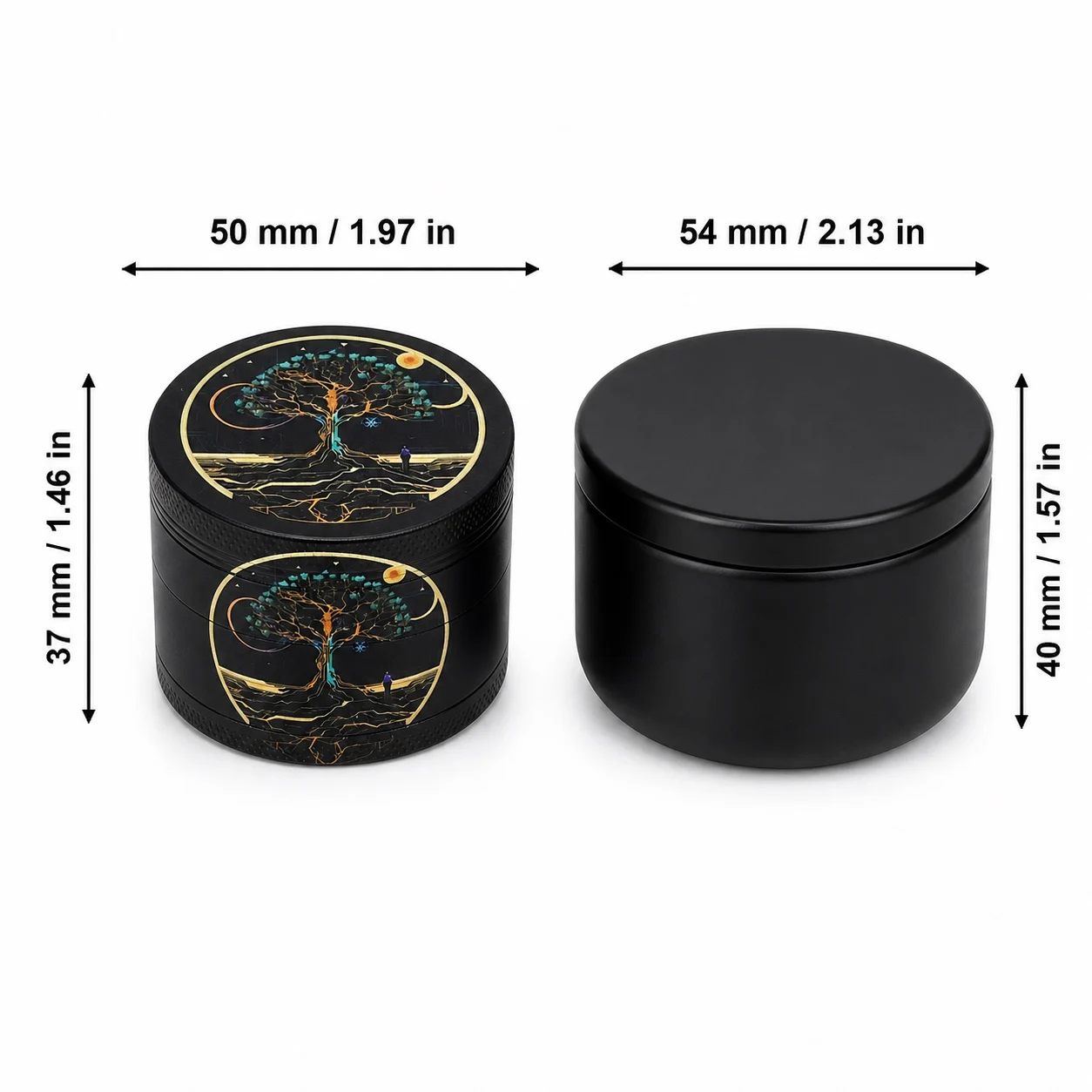 50mm Cyberpunk Tree of Life Zinc Alloy Herb Grinder 4 Layer Manual Tobacco Mill with Black Storage Jar Set Smoking Accessories