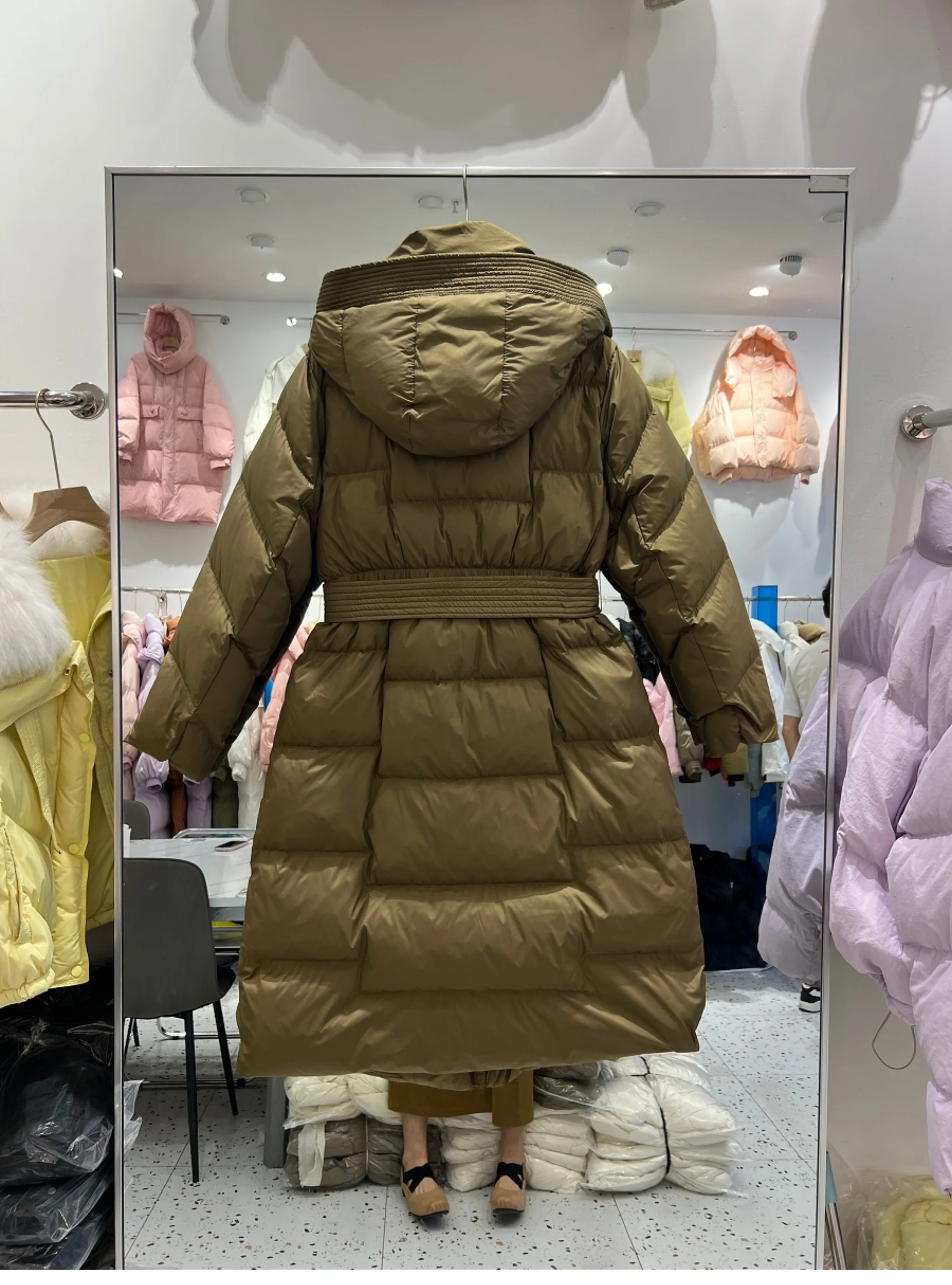 FTLZZ Winter Women White Duck Down Coat Thick Warm Solid Coat Casual Lady Hooded Zipper Long Outwear with Belt