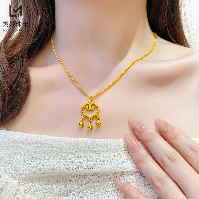 

9999 24-каратное настоящее золото, женское золотое ожерелье в одном стиле, выдолбленное благоприятное облако, колокольчик, кулон, подарок, красивые ювелирные изделия