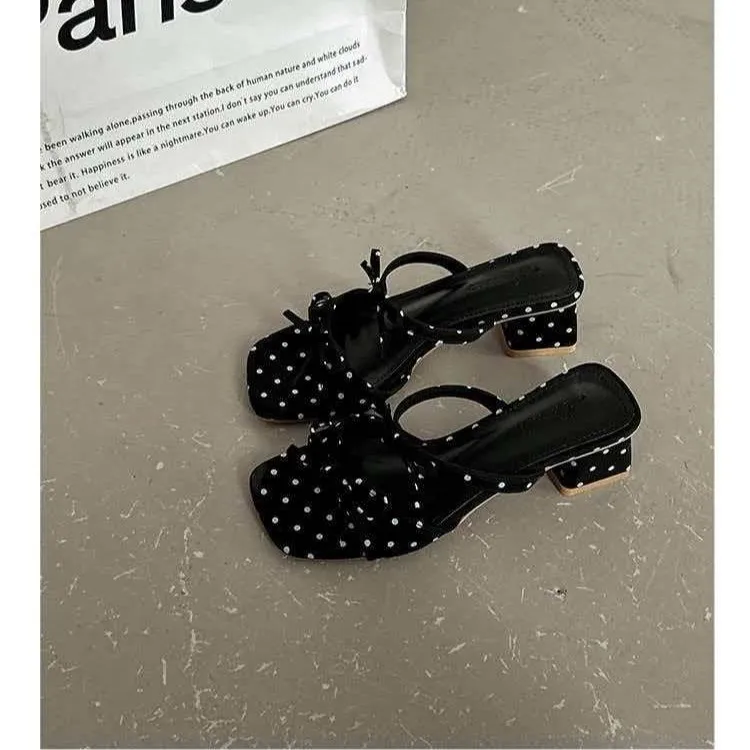 French-style Elegant Polka Dot Bow Flat Sandals for Women 2026 Summer New Casual Chunky Heel Stylish Slides