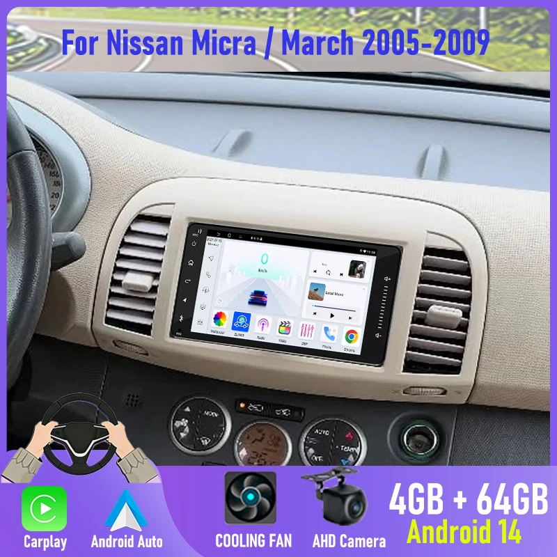 

7" Wireless CarPlay Android auto 4+64GB Car Radio Wireless Carplay For Nissan Micra March 2005-2009 Android14 Head Unit GPS