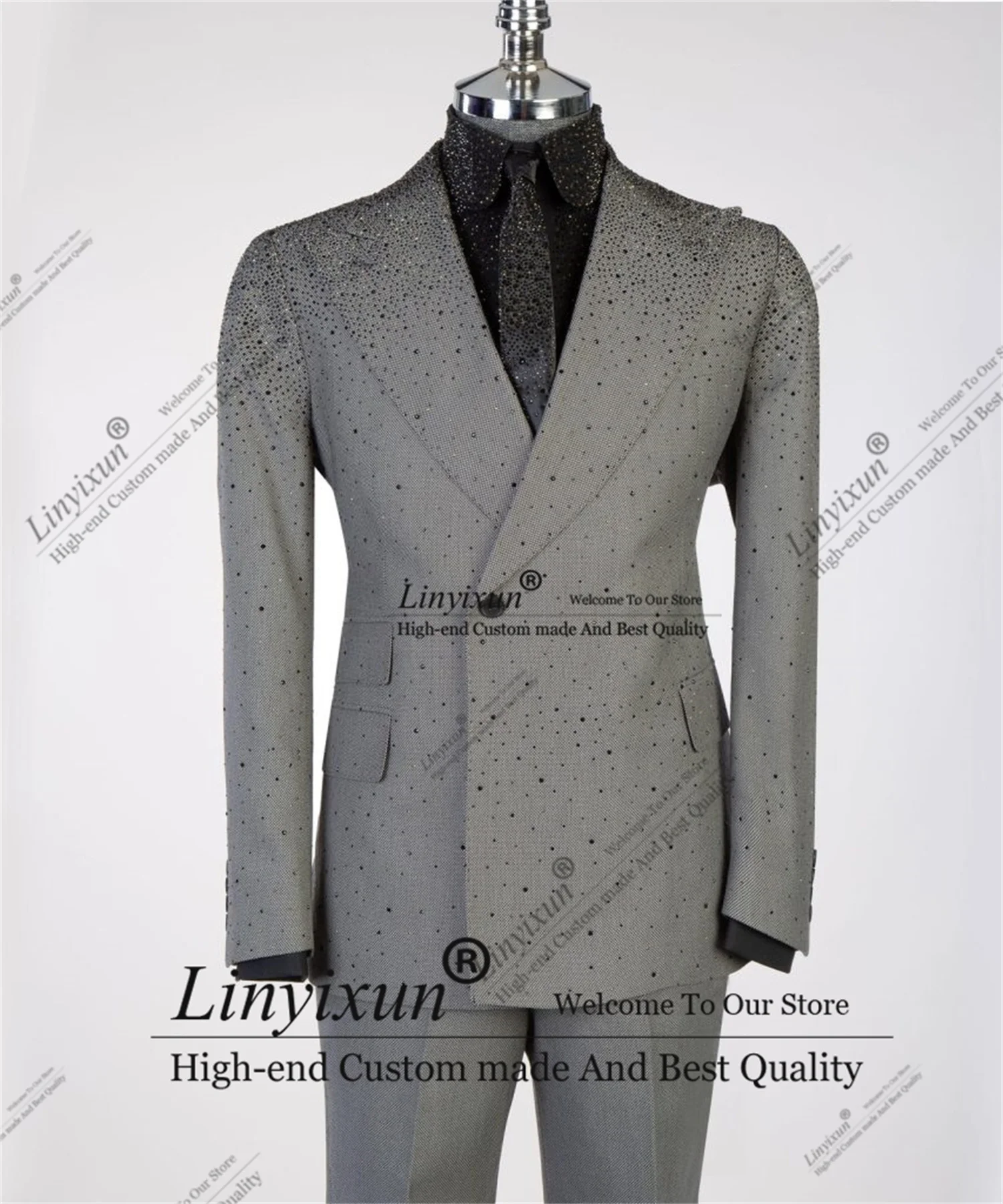 

Shining Diamond Ornament Tuxedos Men Suits Peaked Lapel 2 Pieces Male Prom Blazers Wedding Groom trajes para hombre Customized