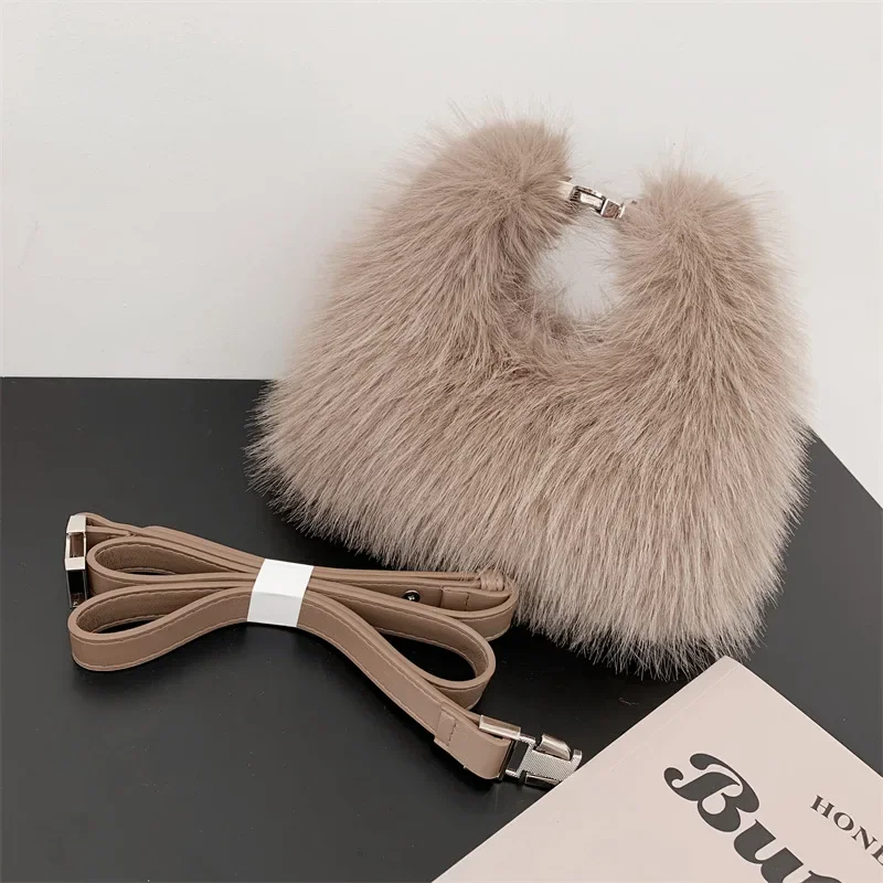 Women Plush Handbags Lady Shoulder Small Faux Fur Crossbody Bag  Long Wool Half-Moon Hobos Winter