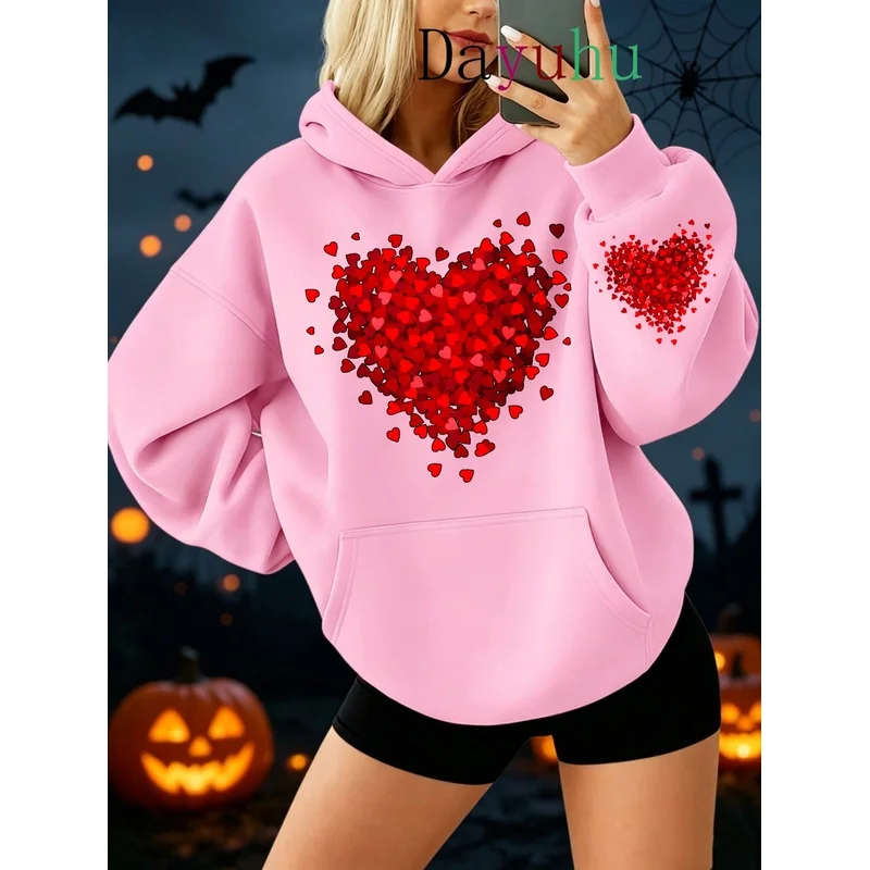 Oversized Streetwear Pullover Hoodie Halloween Red Heart Pattern Autumn Winter Daily Wear