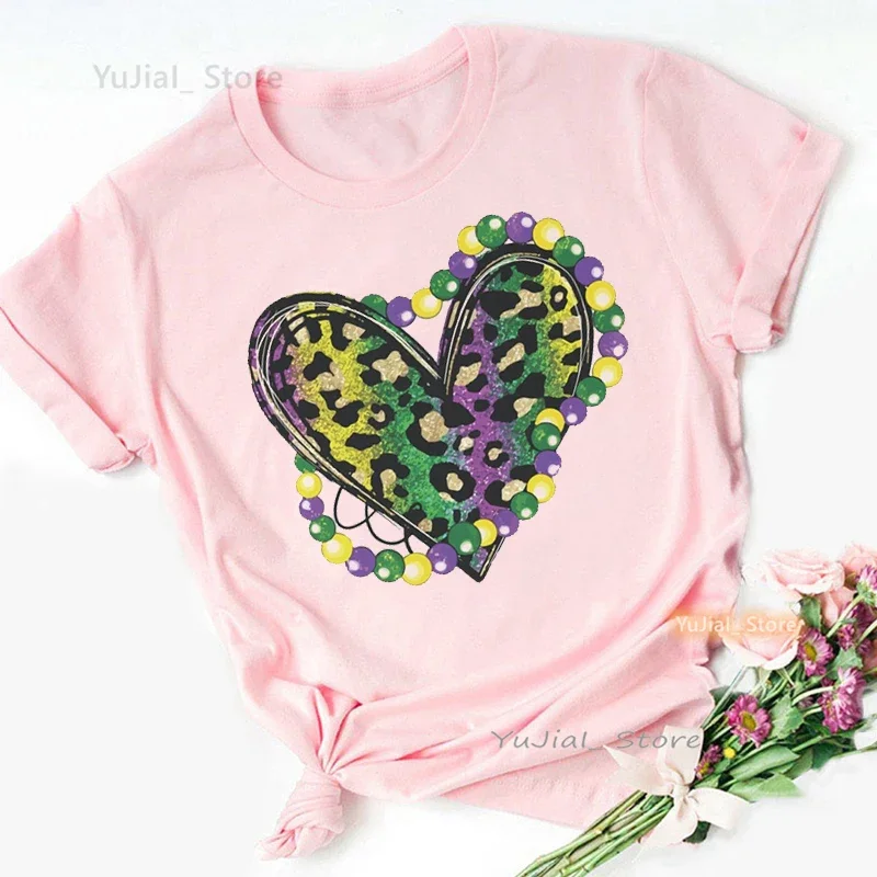 

Cool Little Miss Mardi Gras Love Print Pink T Shirt Girls Summer Fashion Short Sleeve Tshirt Female Love Leopard T-Shirt Women