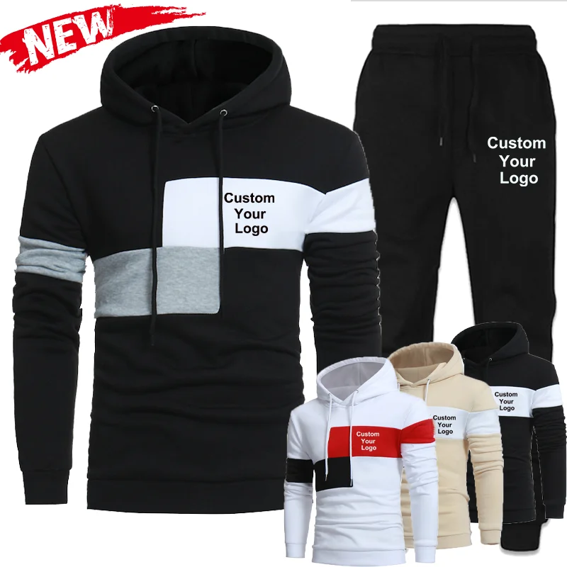 Personality Patchwork Men Customize Your Logo Tracksuits Hoodies Suits Men/Women Autumn Winter WarmHoodies+Pants Two Piece Set