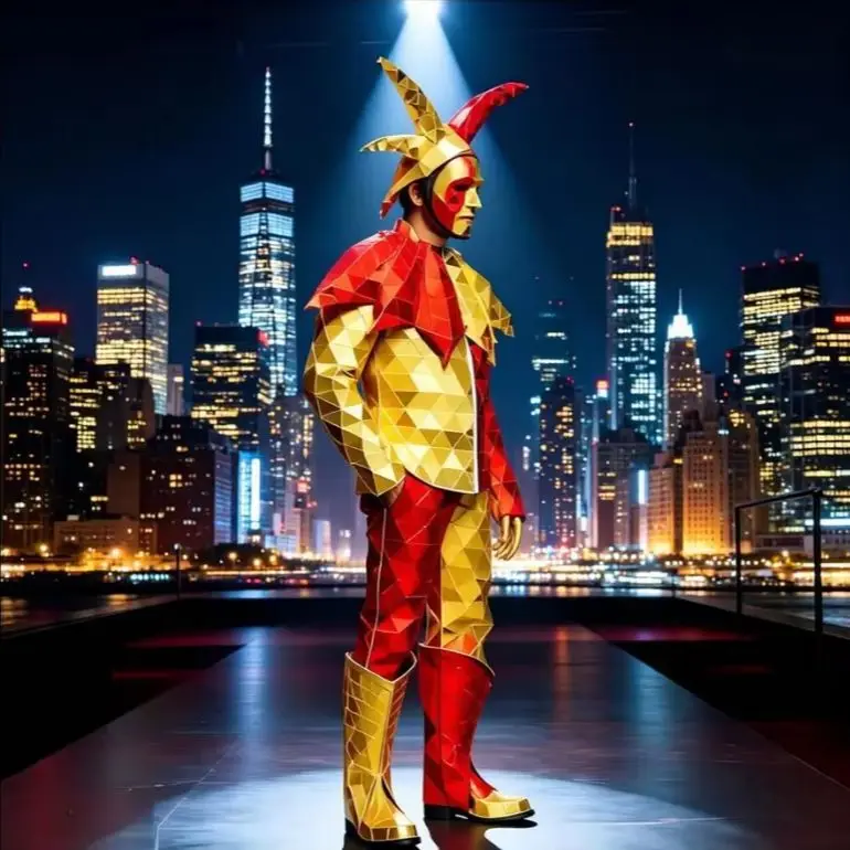 Red Gold Jester Mirror Costume for Men, Acrylic Mirror Clown Jumpsuit with Jester Hat Mask, Nightclub Stage Performance Cosplay