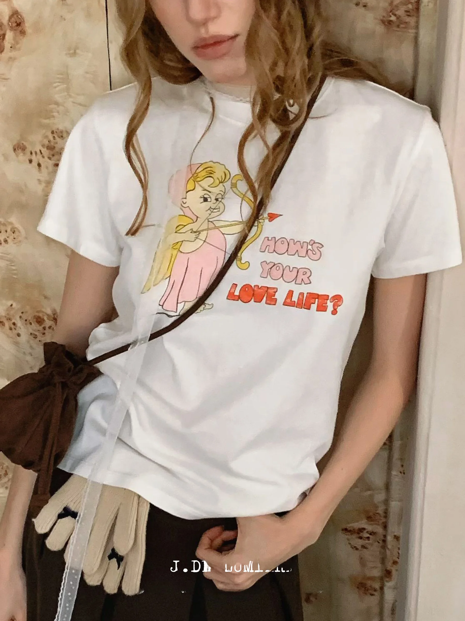 

Женская футболка JDE'Quintessential' с коротким рукавом, с буквенным принтом, повседневный стиль, хлопковая, базовая, весна-лето, новинка