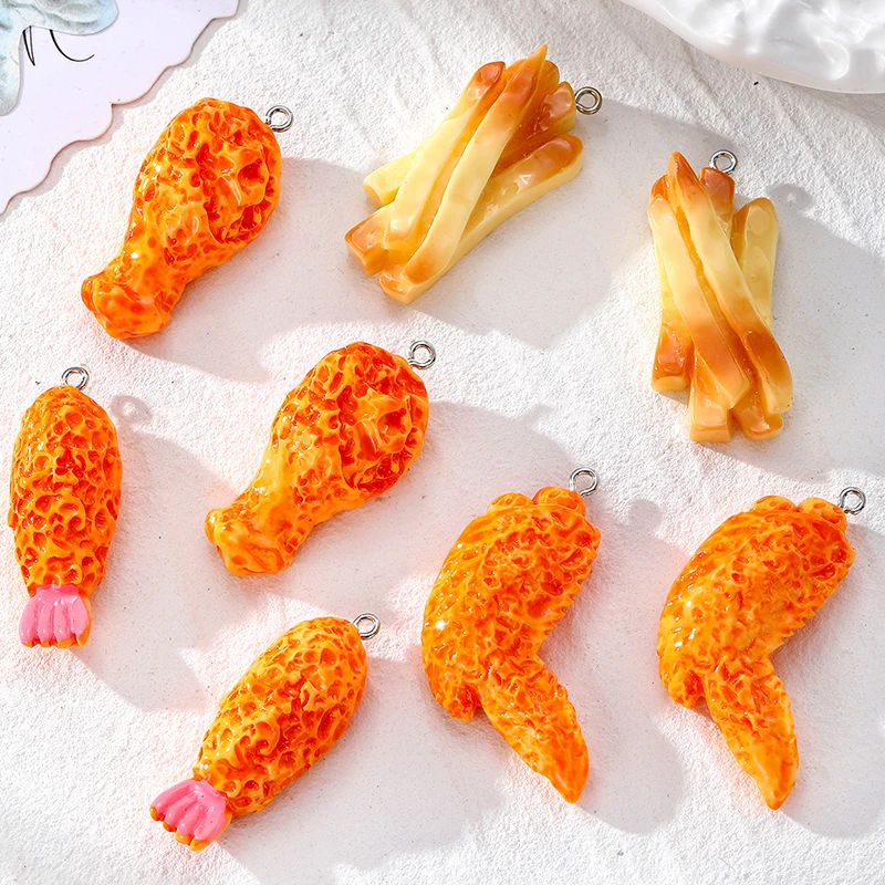 30/50pcs Mini French Fries Chicken Leg Resin Charms Bulk Wholesale Food Crafts Pendant Accessory DIY For Keychains Jewelry Make