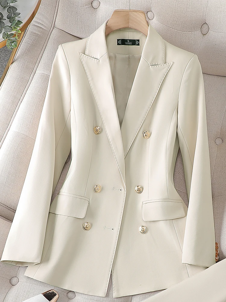 High Quality Female Blazer Women Blue Apricot Triple Breasted Slim Jacket Office Ladies Business Work Wear Formal Coat