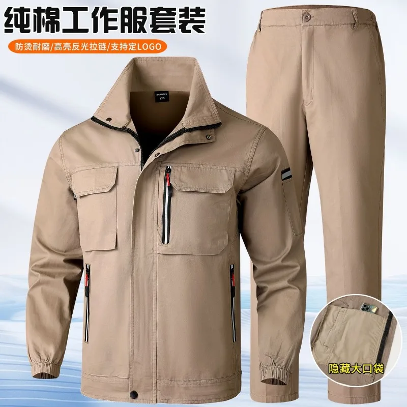 Men Summer Pure Cotton Work Jacket Thin Breathable Wear Resistant Multi Pocket Coat for Welding Garage Construction Site Workwea