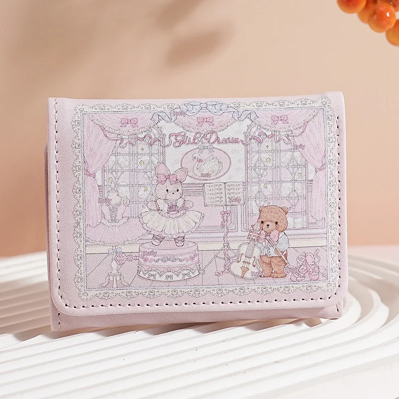 بو الجلود Kawaii لوليتا نمط الباليه الأرنب والدب المطبوعة محفظة قصيرة