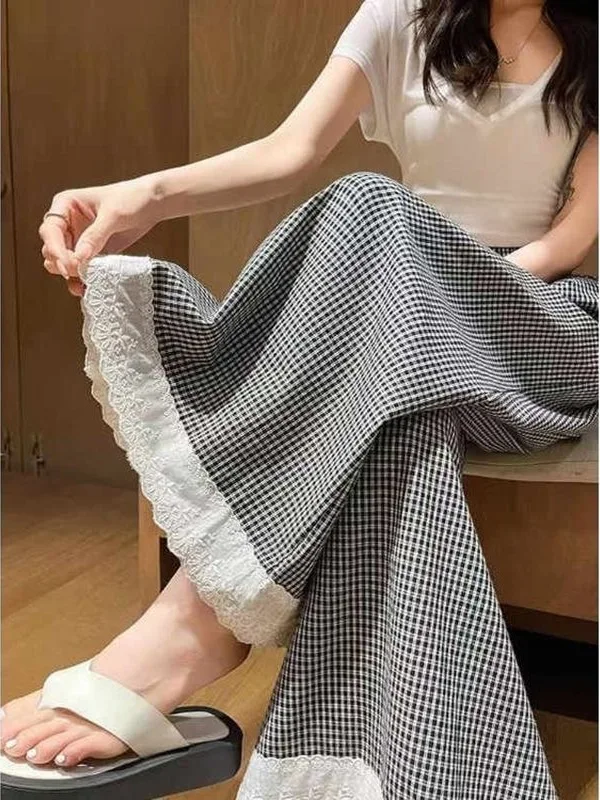 

Широкие брюки-юбка из ледяного шелка в клетку с кружевной отделкой, женские летние тонкие драпированные повседневные брюки больших размеров, прямые брюки длиной 7/8