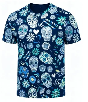 Herren Kurzarm-T-Shirt mit mexikanischem Tag-der-Toten-Zuckerschädel-Blumendruck, Rundhalsausschnitt, Freizeit-Oberteil – Detail 3