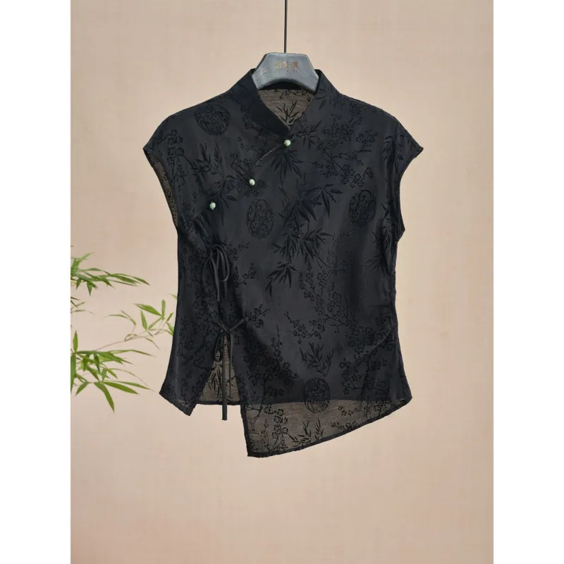 Chinese-style Jacquard Short-sleeved Shirt Summer Vintage Lightweight Cheongsam Blouse New Stylish And Elegant Women's T-Shirt