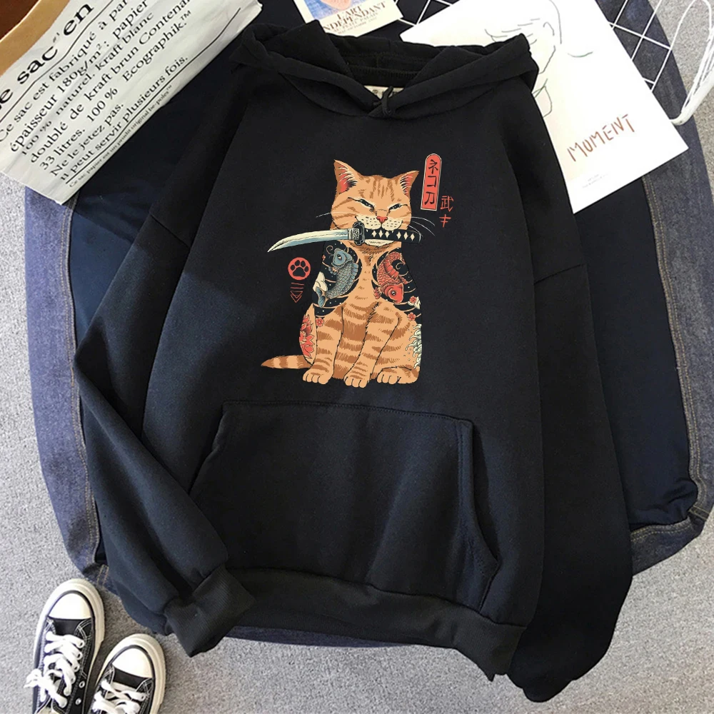 

New A Samurai Cat Cartoon Print Hoodie Man And Women Y2k Casual Graphic Hoodies Harajuku Fashion Anime Sweatshirt Winter Top