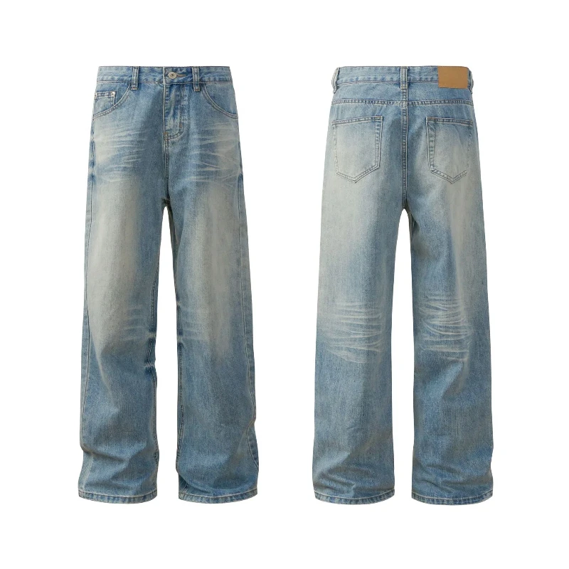 

American Vintage Jeans for Men Y2k Streetwear Washed Distressed Straight Wide Pants Unisex Casual Full Length Straight Trousers